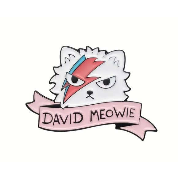 "David Meowie" Cute Enamel White Cat Brooch Pin for Bags and Clothing - Adorable - Picture 1 of 3